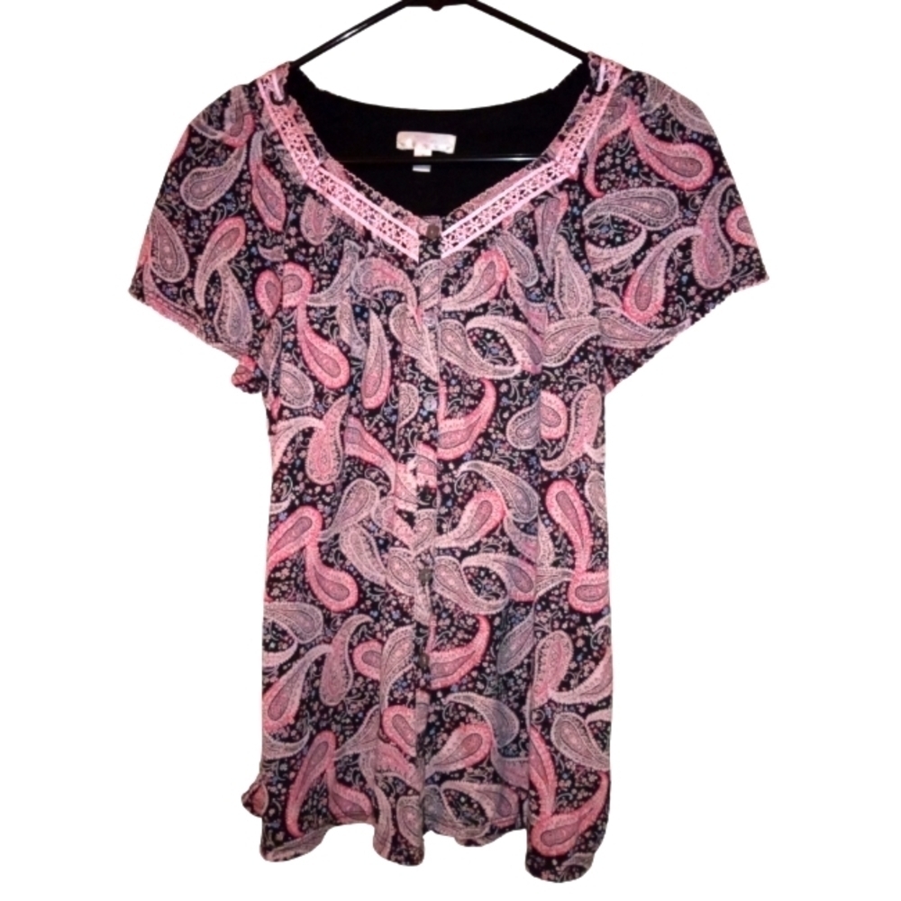 Sleep/Loungewear Top Secret Treasures Pink-Black Paisley Design Short Sleeved M